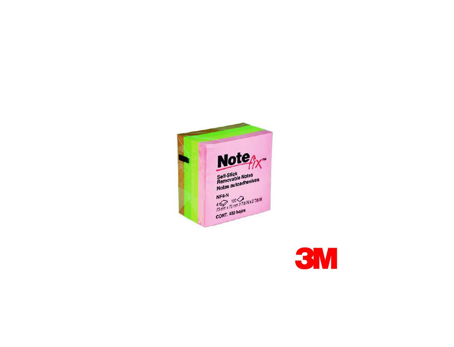 CUBO DE NOTAS ADHESIVAS NEON 3"X3" 400 HOJAS NOTEFIX NF4-N 3M